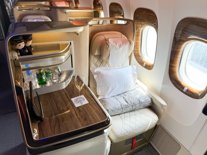 Emirates new A380 business class Emirates 777 refreshed business class table