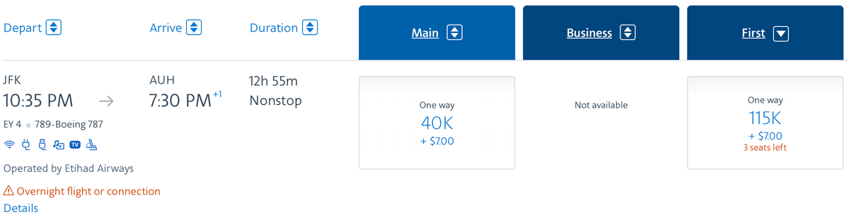 Etihad First AA miles JFK AUH