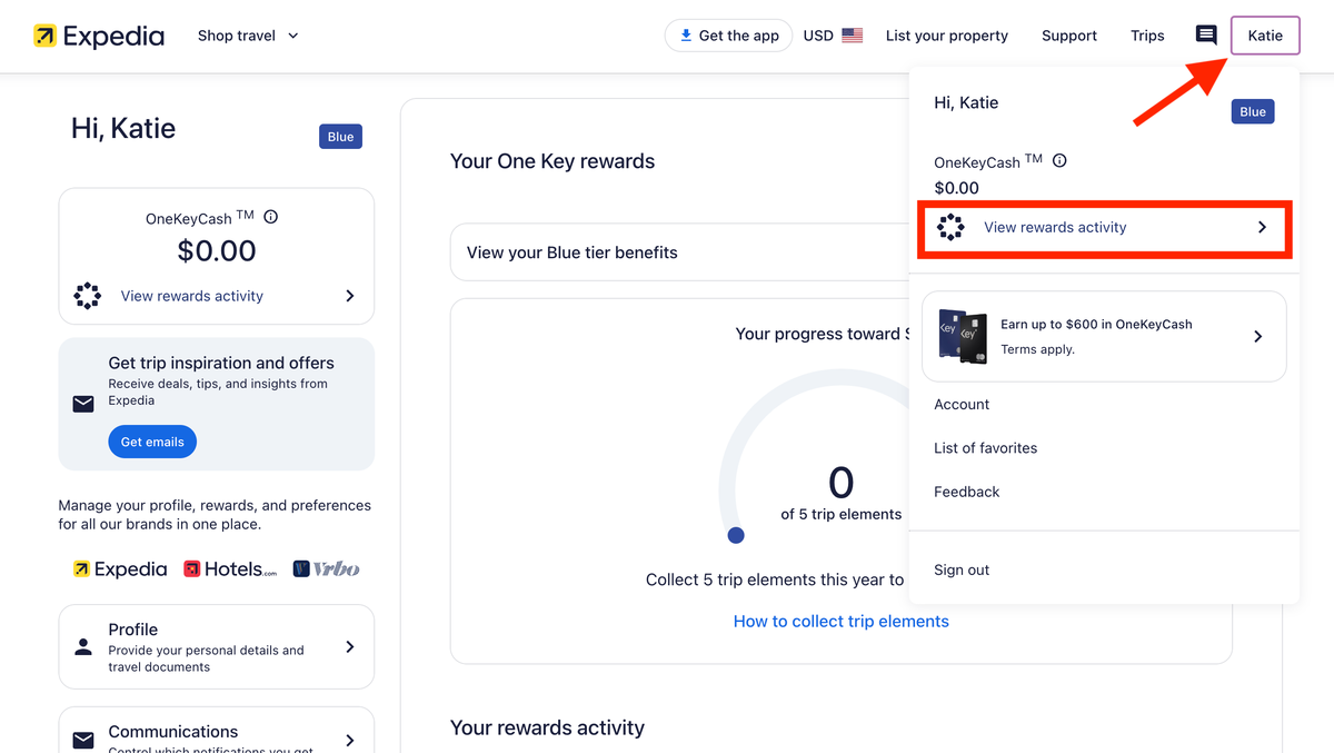 Expedia One Key Rewards account
