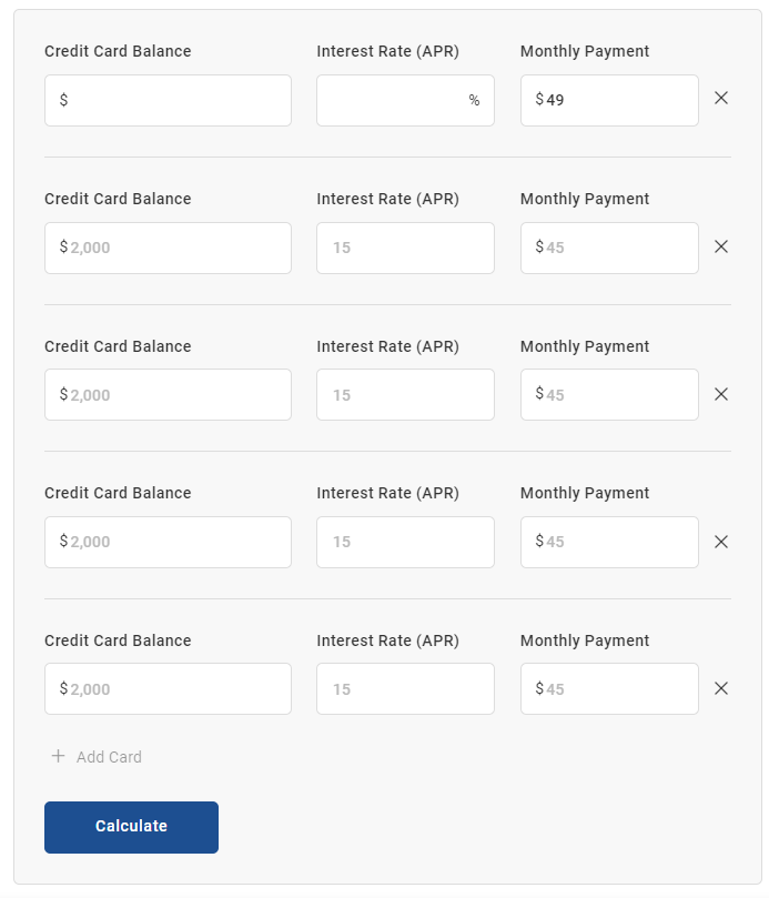 Experian credit card payoff calculator with 5 cards