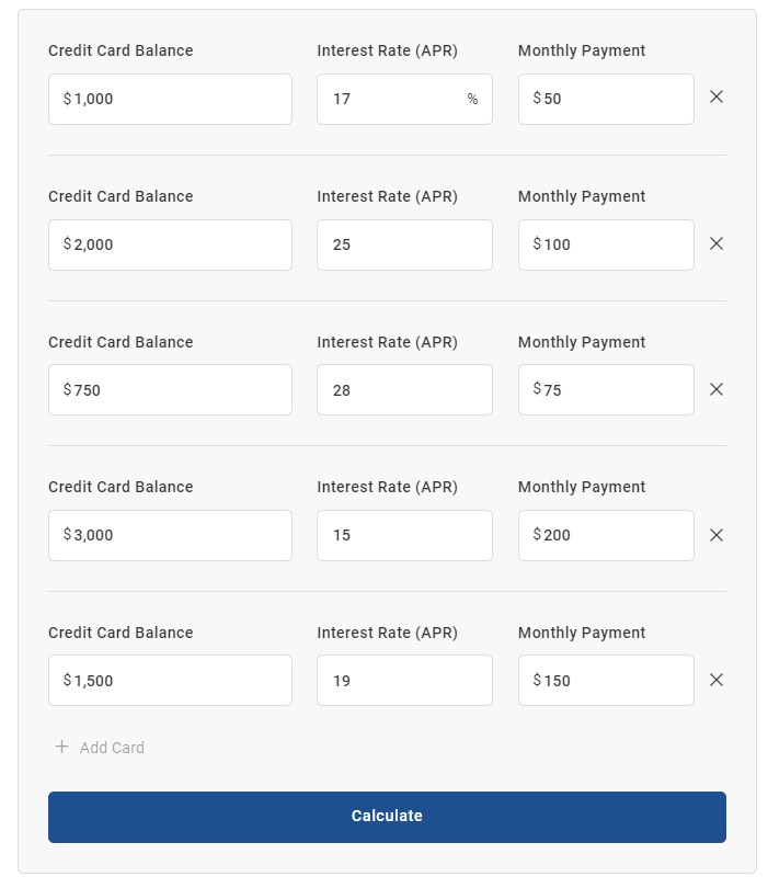 Experian credit card payoff calculator with data for 5 cards