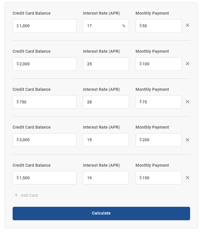 Experian credit card payoff calculator with data for 5 cards Experian credit card payoff calculator with data for 5 cards