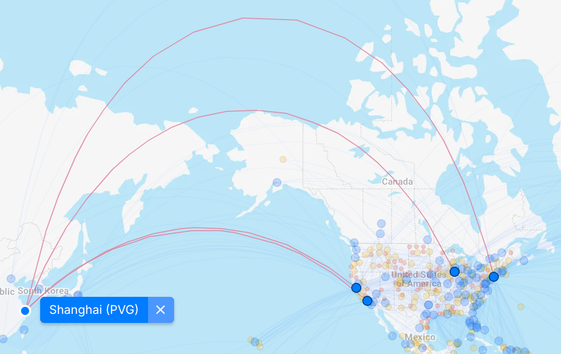 United flight routes map from Shanghai to U.S.