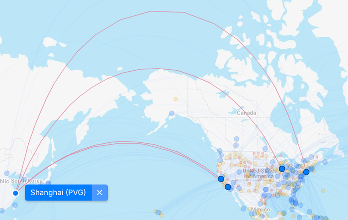 United flight routes map from Shanghai to U.S.