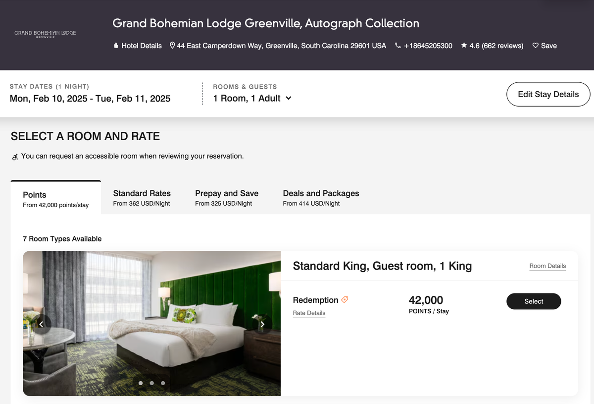 Grand Bohemian Lodge Greenville cost in points