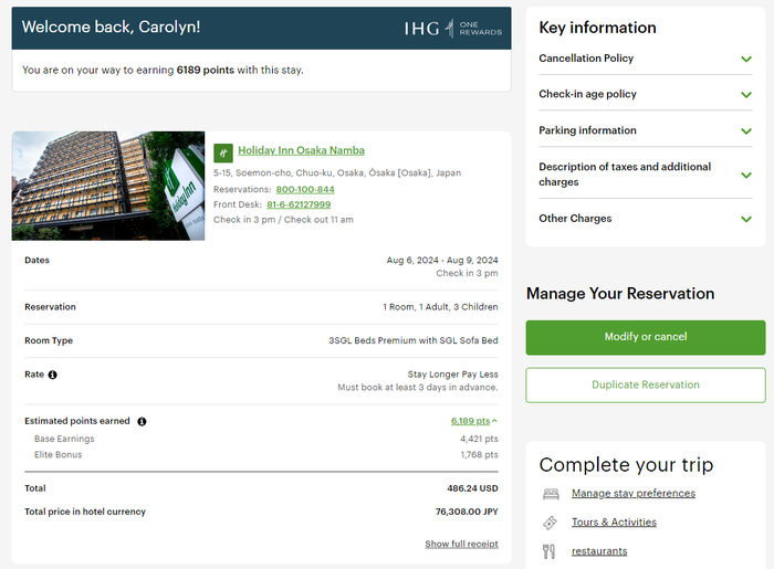 Holiday Inn Osaka Namba confirmation Holiday Inn Osaka Namba confirmation