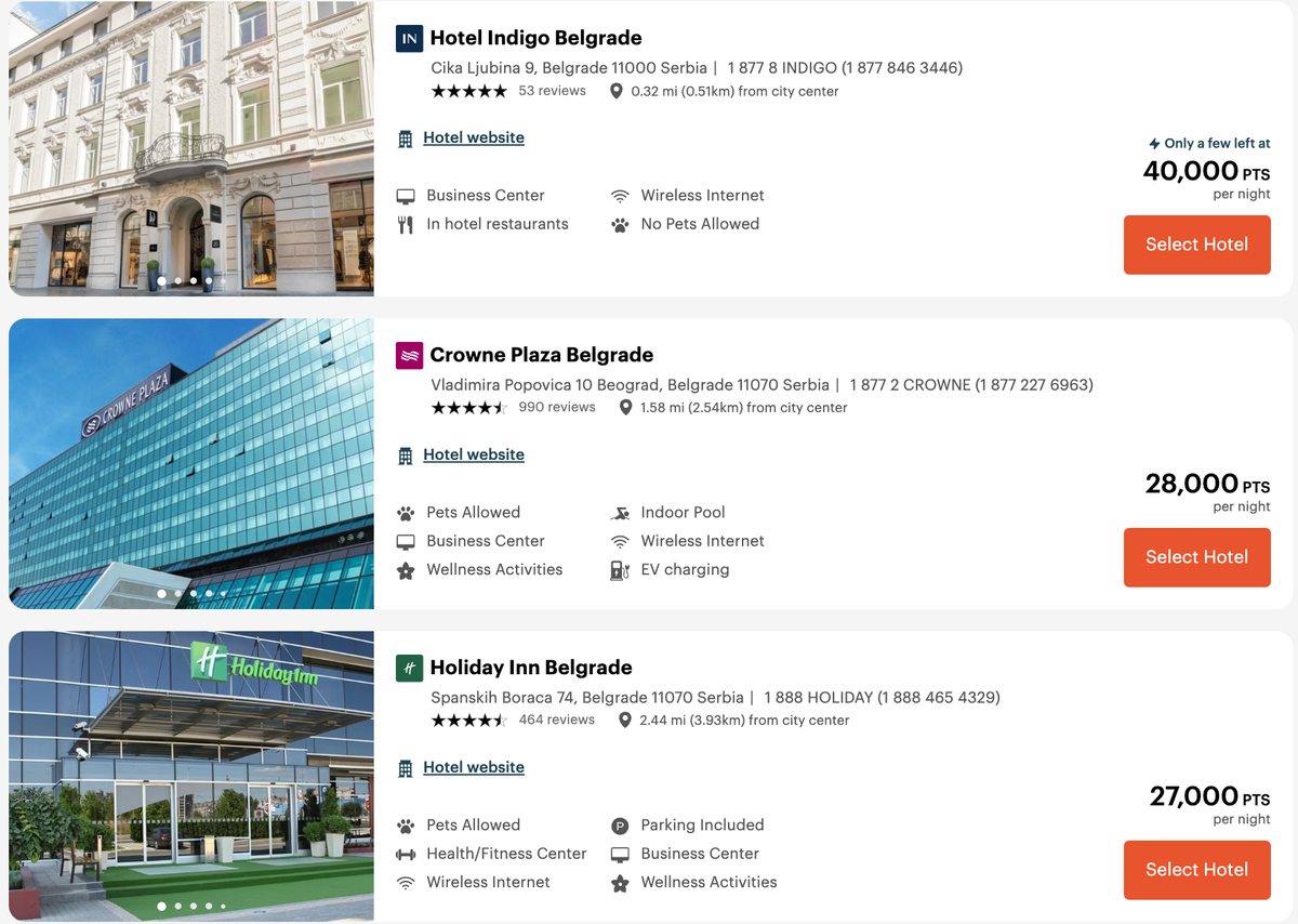 IHG Belgrade Hotels costs for sample dates