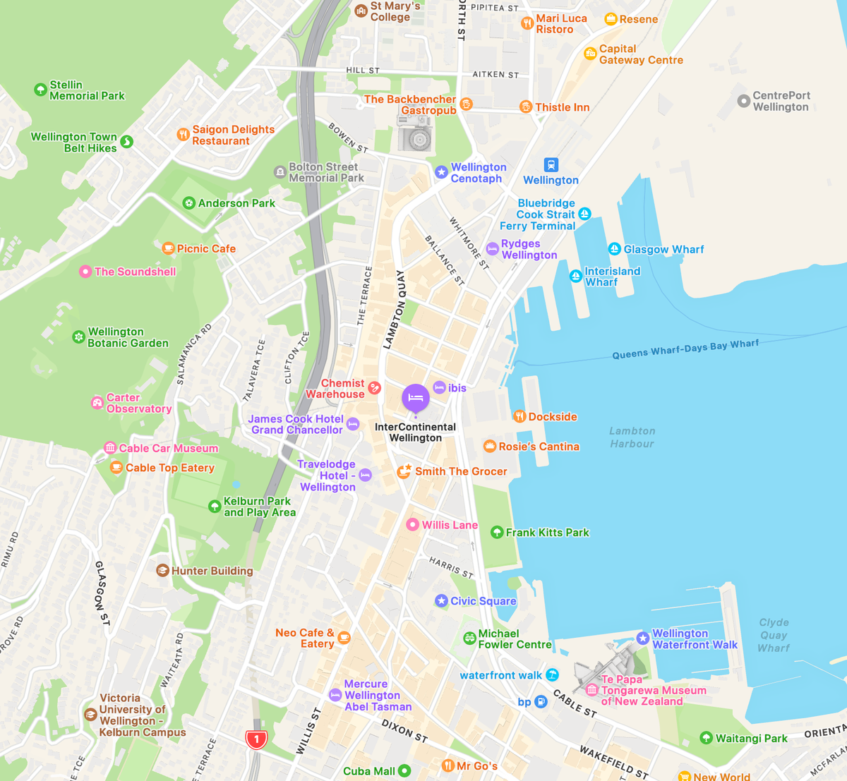 Intercontinental Wellington Map