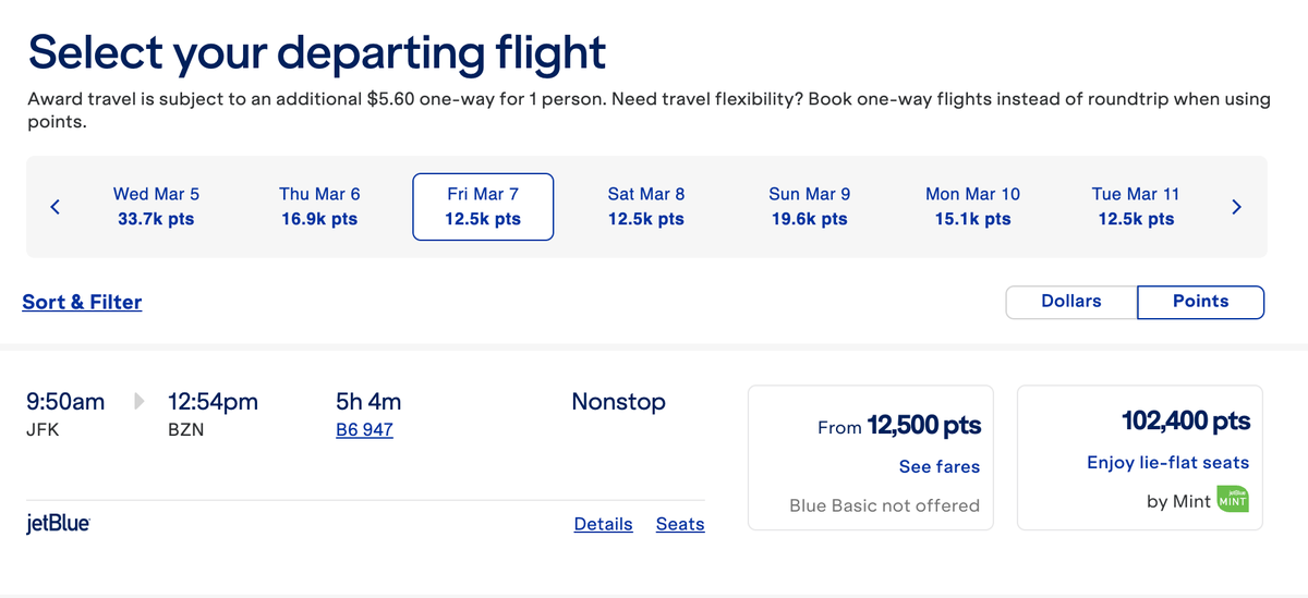 JFK to BZN JetBlue points rates