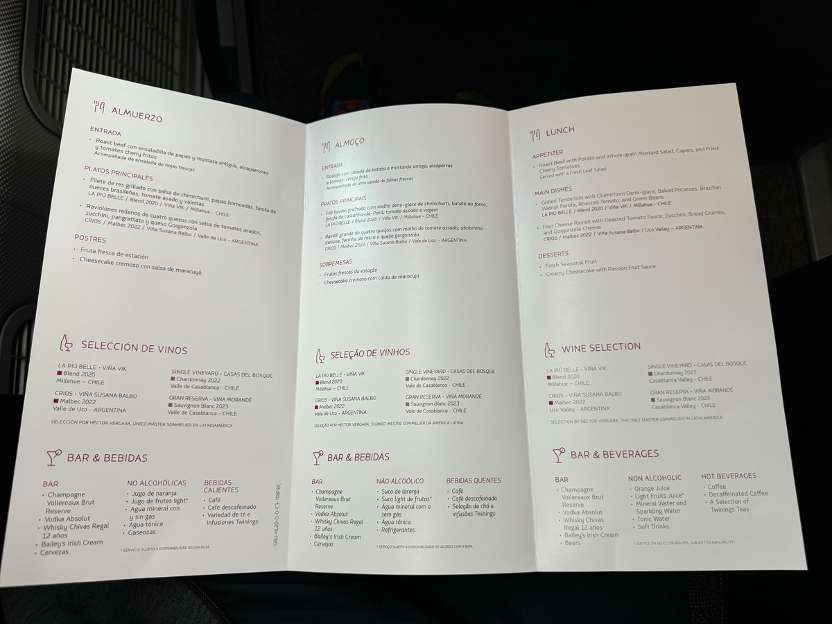 LATAM business class B787 9 GRU SCL lunch menu