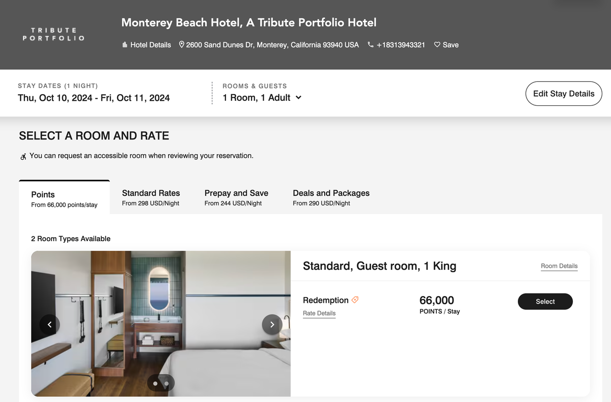 Monterey Beach Hotel cost in Marriott points