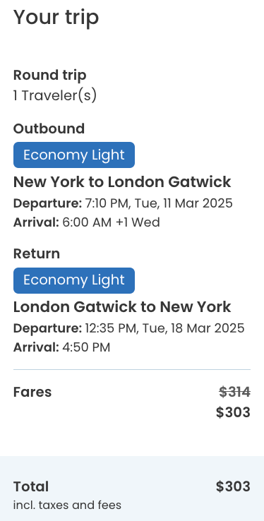 New York to London Gatwick fare in March