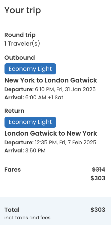 New York to London Gatwick fare in January