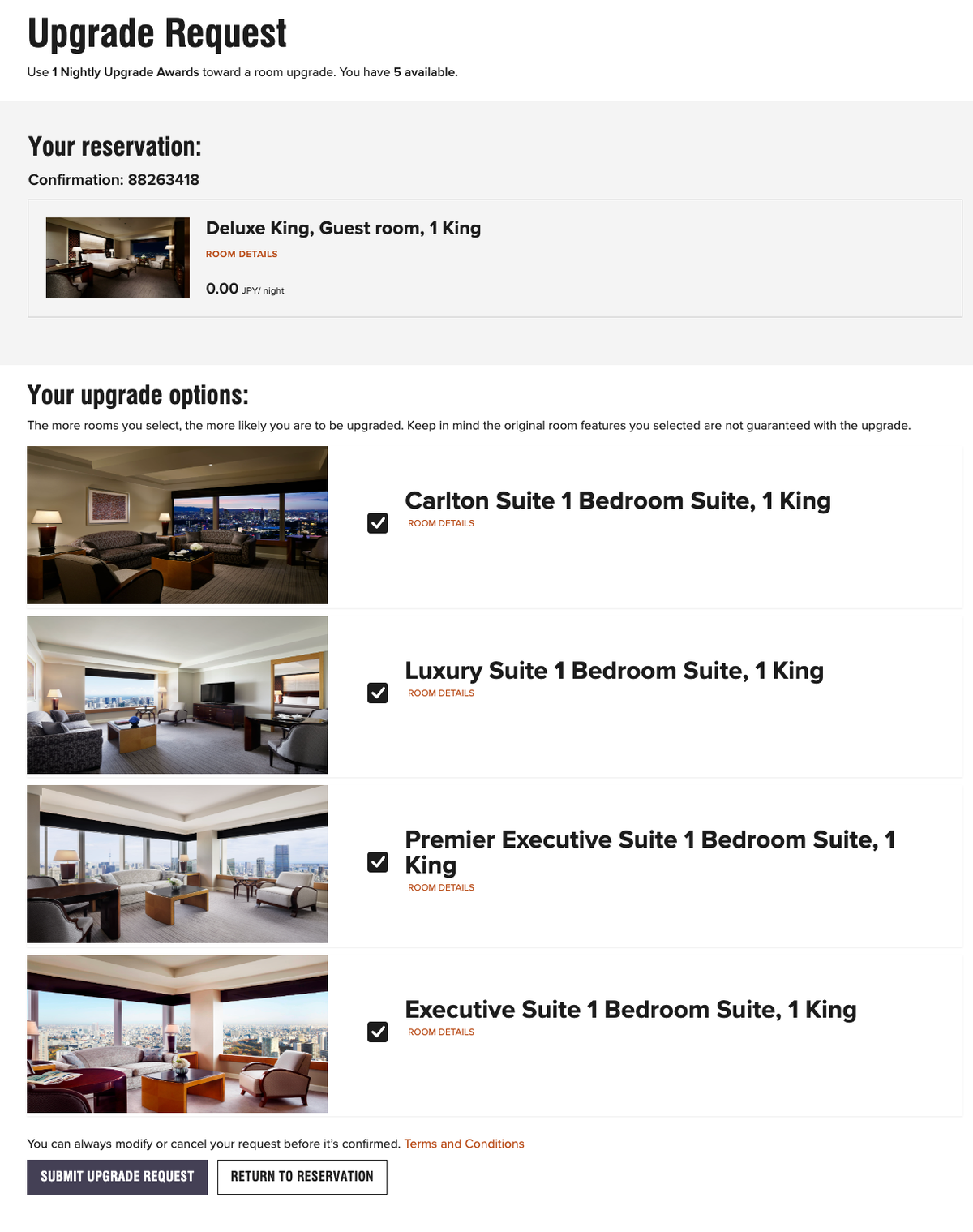 Ritz Carlton Tokyo Upgrade Request options