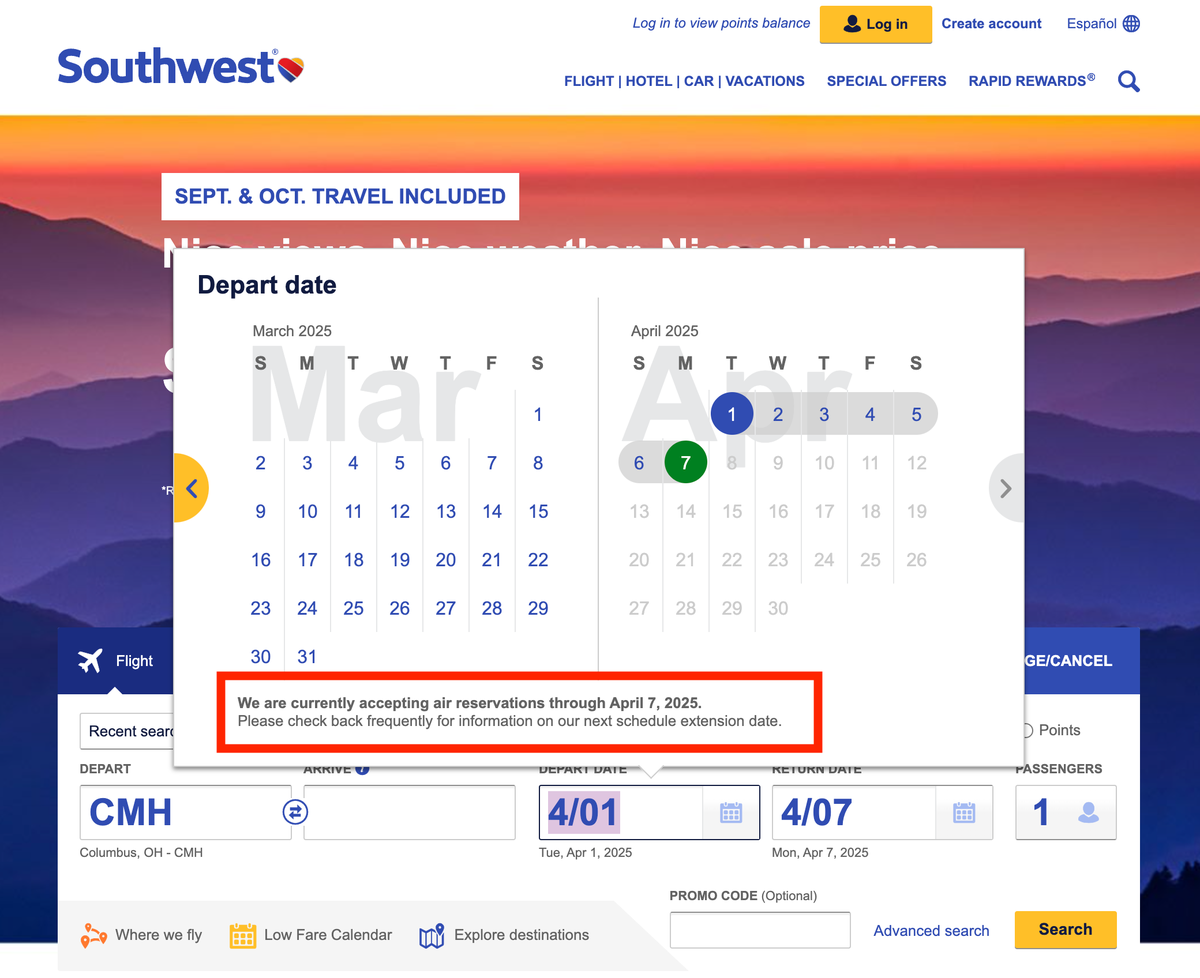 Southwest Airlines Schedule Extended Through April 7, 2025