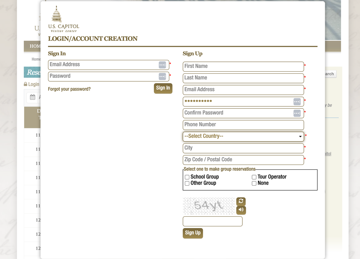 US Capitol account creation