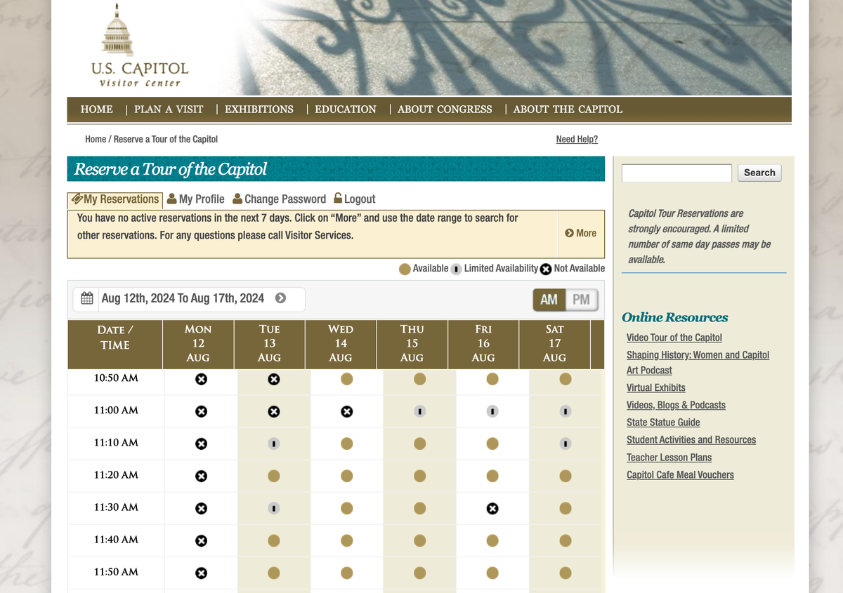 US Capitol reservation calendar