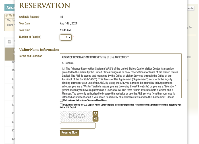 US Capitol ticketing page US Capitol ticketing page