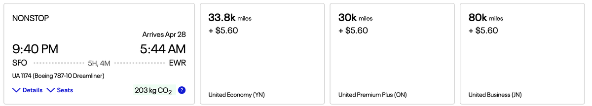 United SFO EWR award pricing