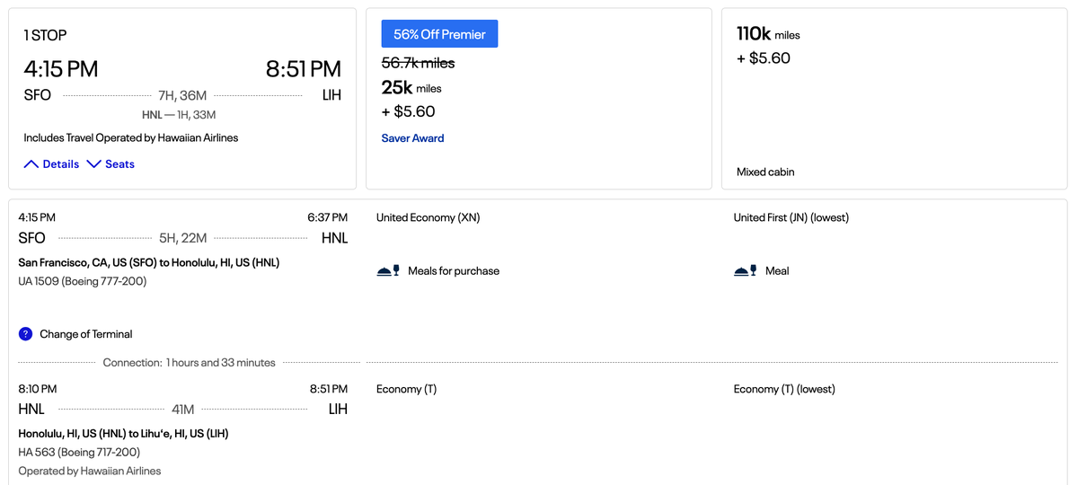 United award SFO HNL LIH including HA flight