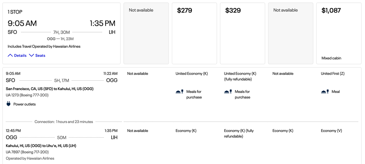 United cash fare SFO HNL LIH including HA flight