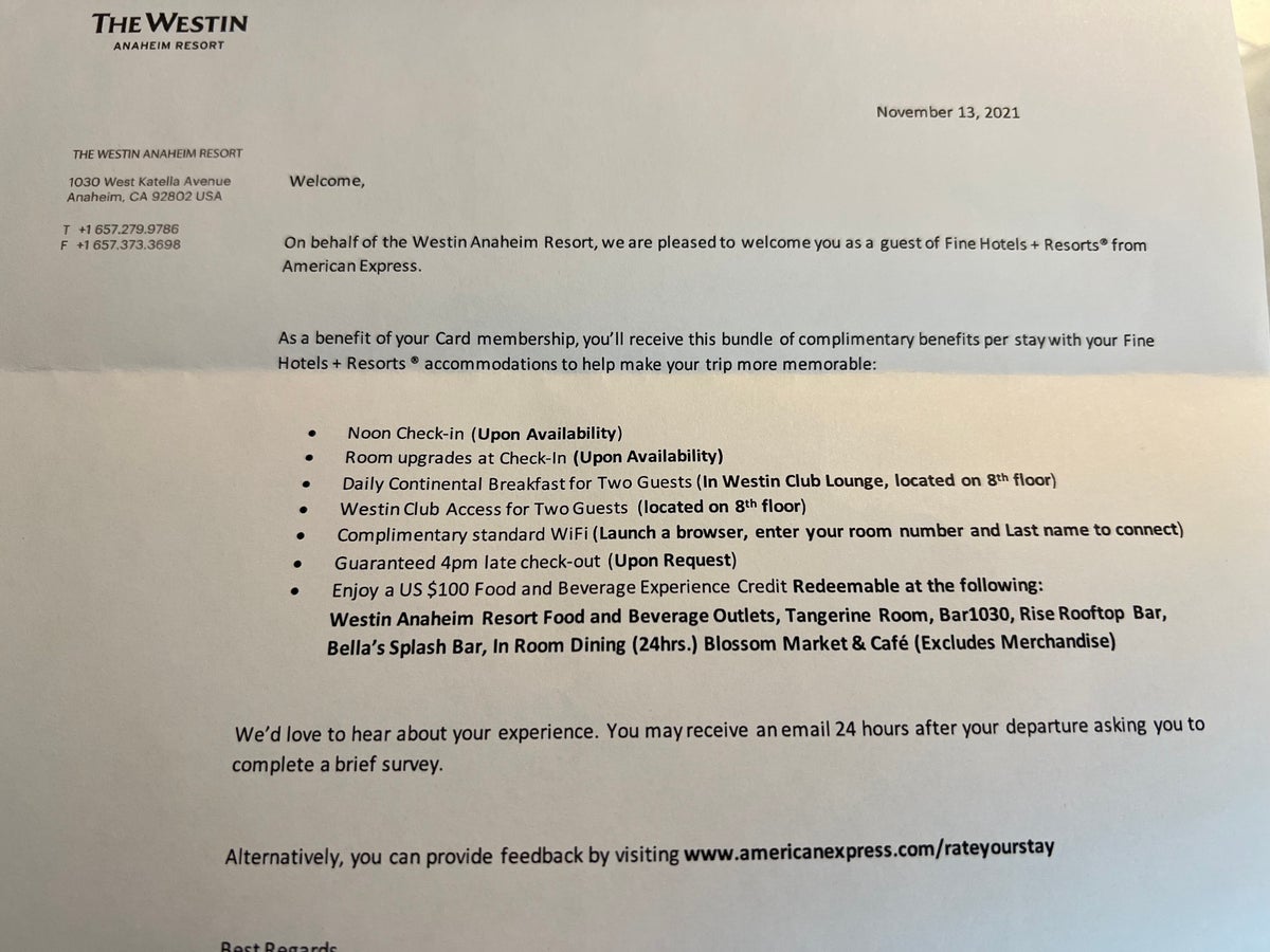 Westin Anaheim Fine Hotels and Resorts Letter