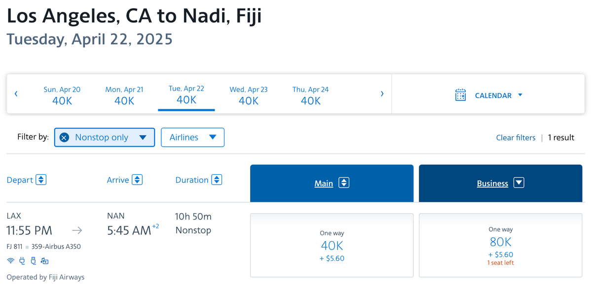 AA award LAX NAN 80k business class