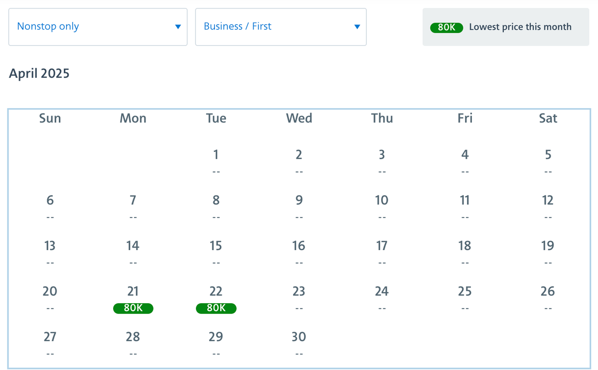 AA award calendar nonstop LAX NAN April 2025