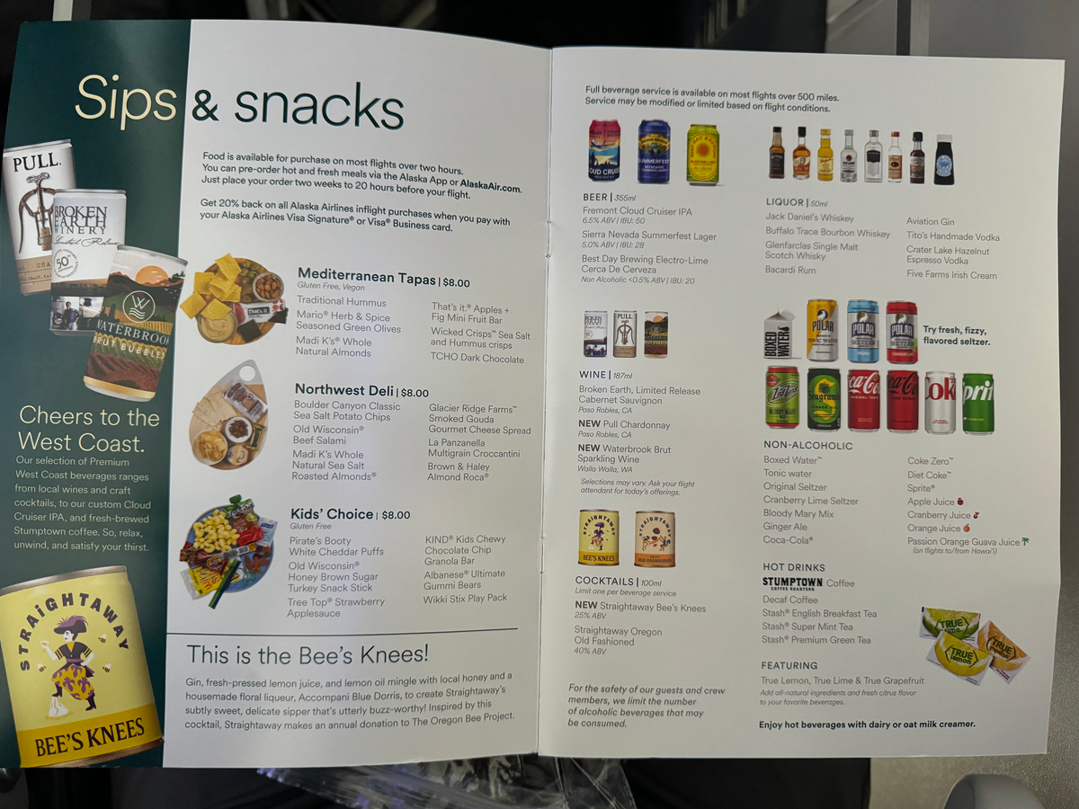 Alaska Airlines B737 9 MAX LAX BZE Menu