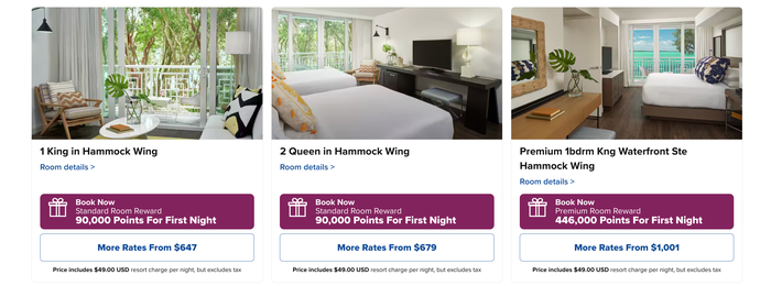 Bakers Cay Key Largo Cash and Points Rates