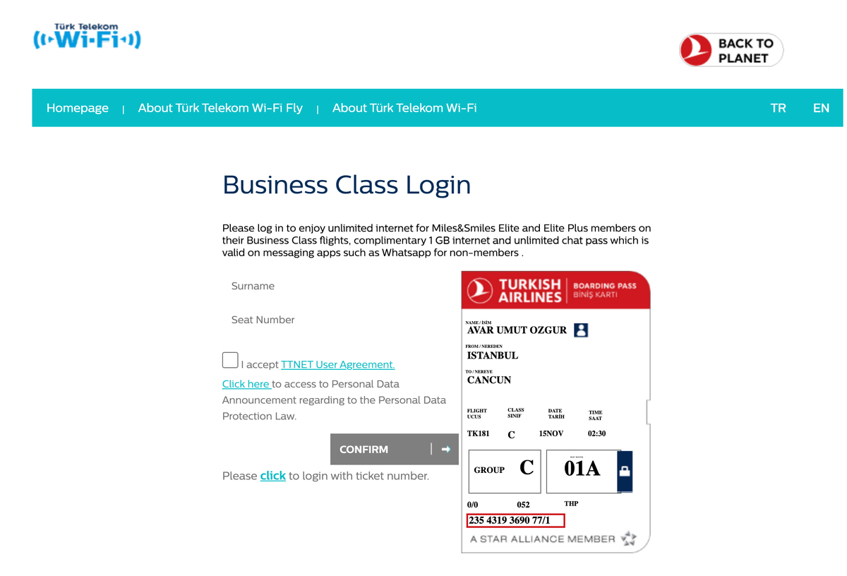 Business class free wi fi on Turkish Airlines