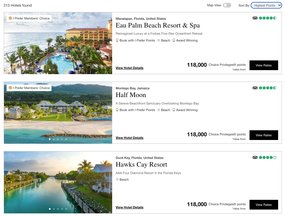 Choice points Preferred Hotels sorted by most expensive