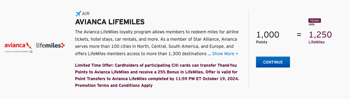 Citi Avianca 25 percent transfer bonus September 2024