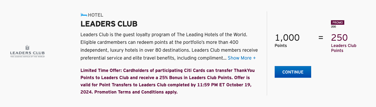 Citi Leading Hotels of the World Leaders Club 25 transfer bonus