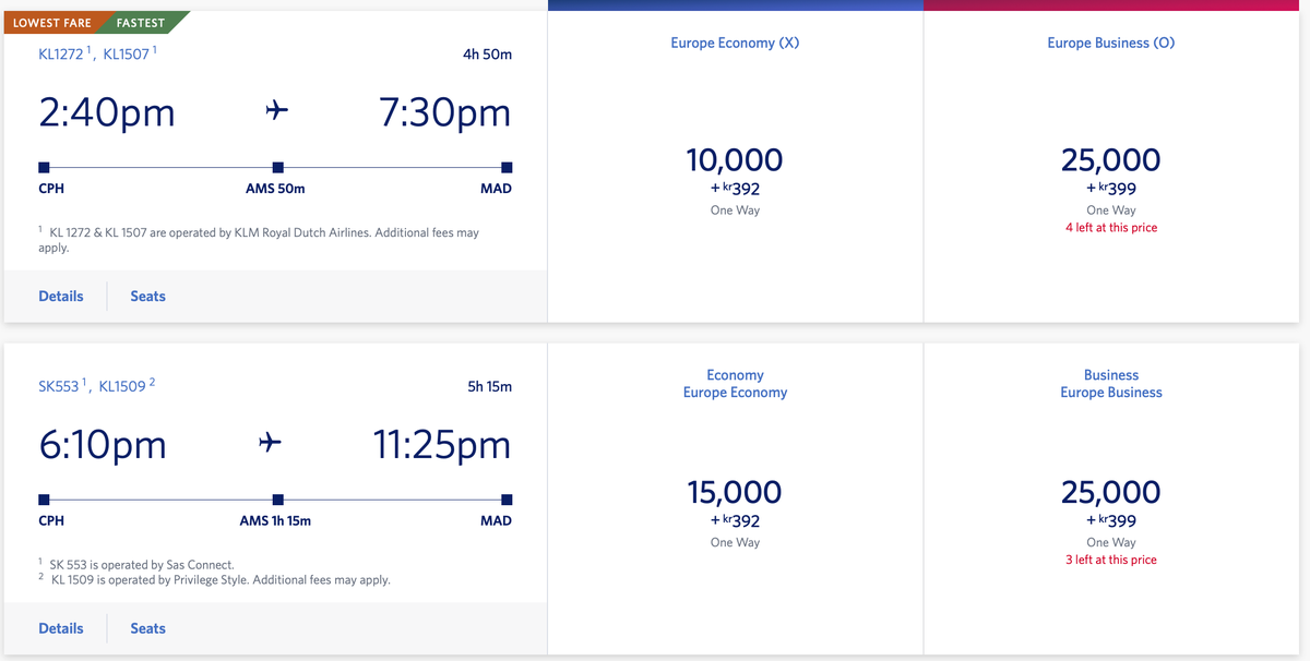 Delta SAS SkyMiles booking CPH-AMS-MAD