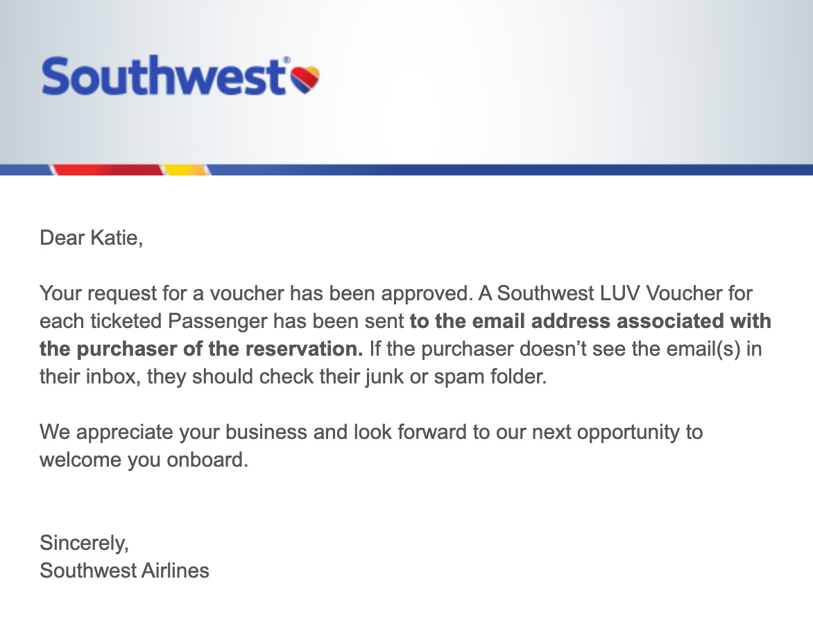 Email from Southwest Airlines