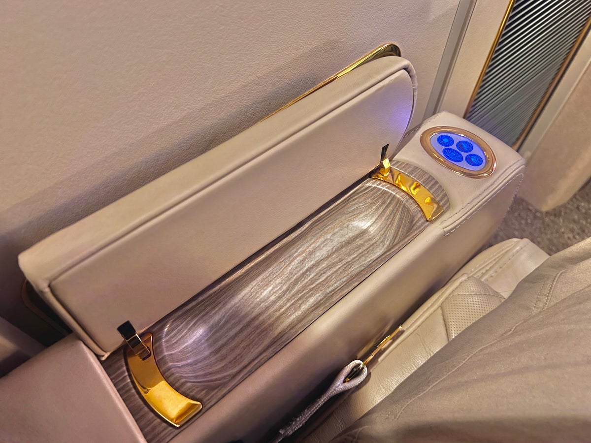 Emirates First A380 armrest storage