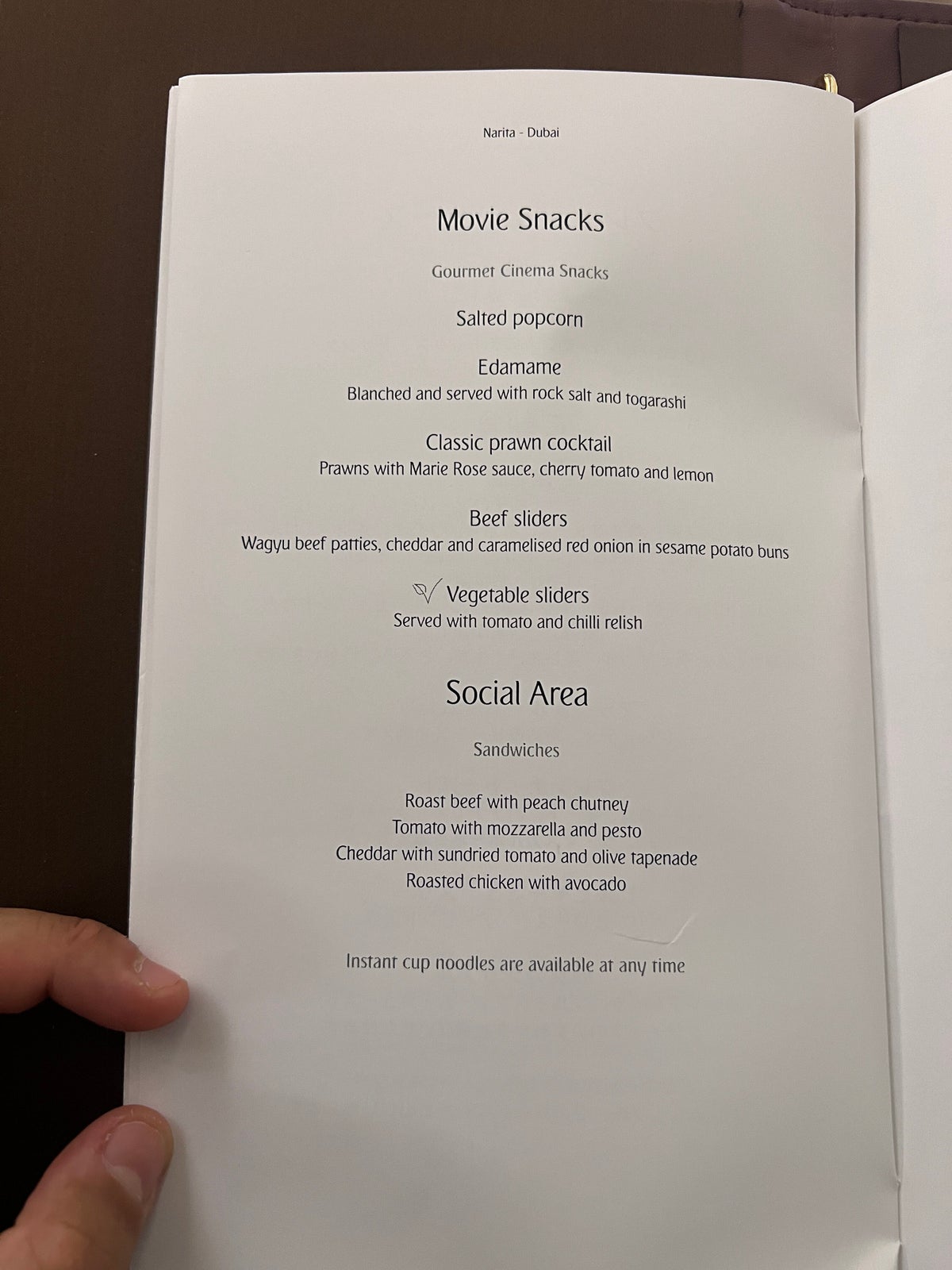 Emirates First A380 movie snacks menu