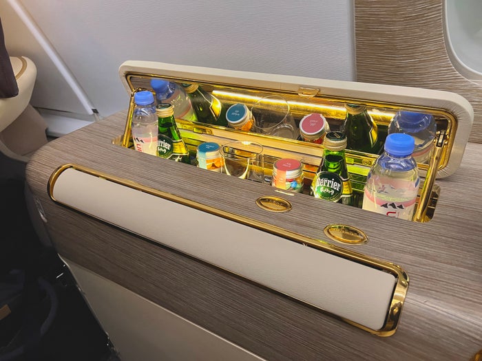 Emirates First A380 seat minibar Emirates First A380 seat minibar
