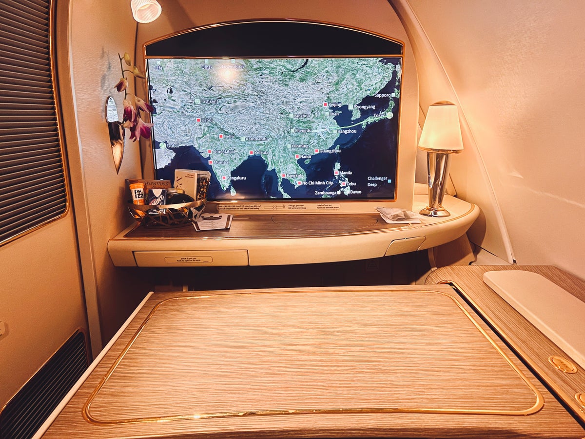 Emirates First A380 tray table opened