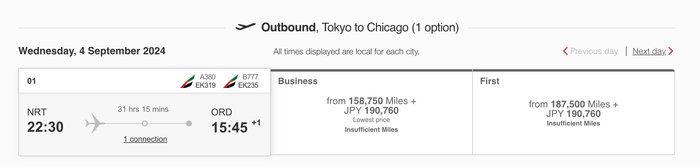 Emirates J vs F cost NRT DXB ORD Emirates J vs F cost NRT DXB ORD