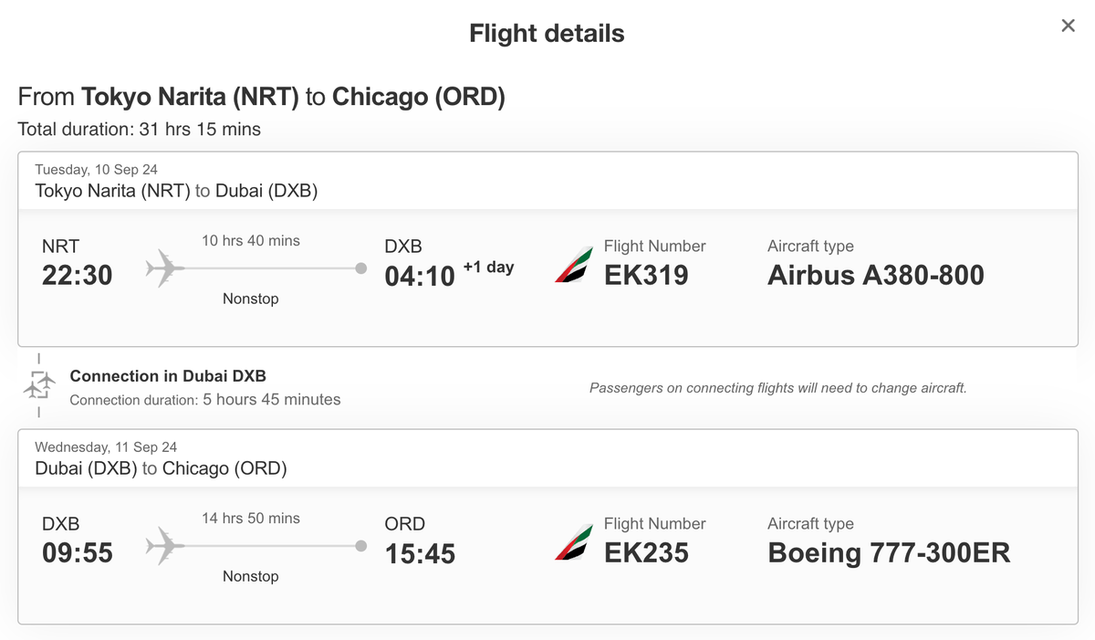 Emirates itinerary NRT DXB ORD FIRST