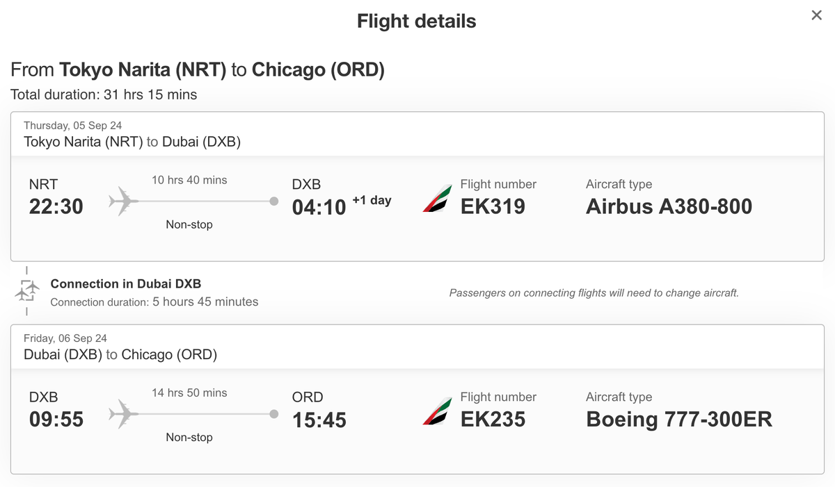 Emirates planned itinerary NRT DXB ORD