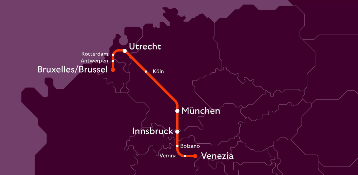 European Sleeper route map Brussels Venice