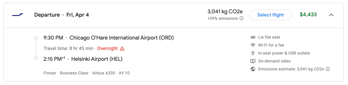 Finnair business class cash price ORD HEL