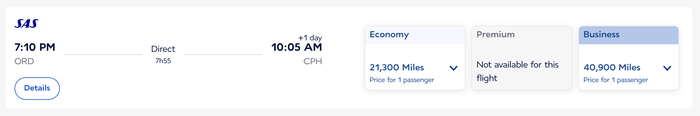 Flying Blue award SAS ORD CPH business economy Flying Blue award SAS ORD CPH business economy