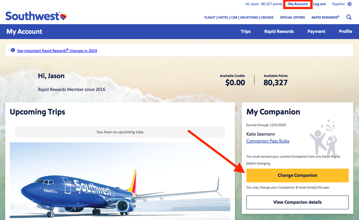 How to change Southwest Companion online