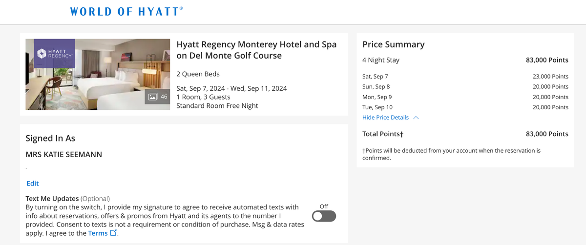 Hyatt Regency Monterey Cost in points