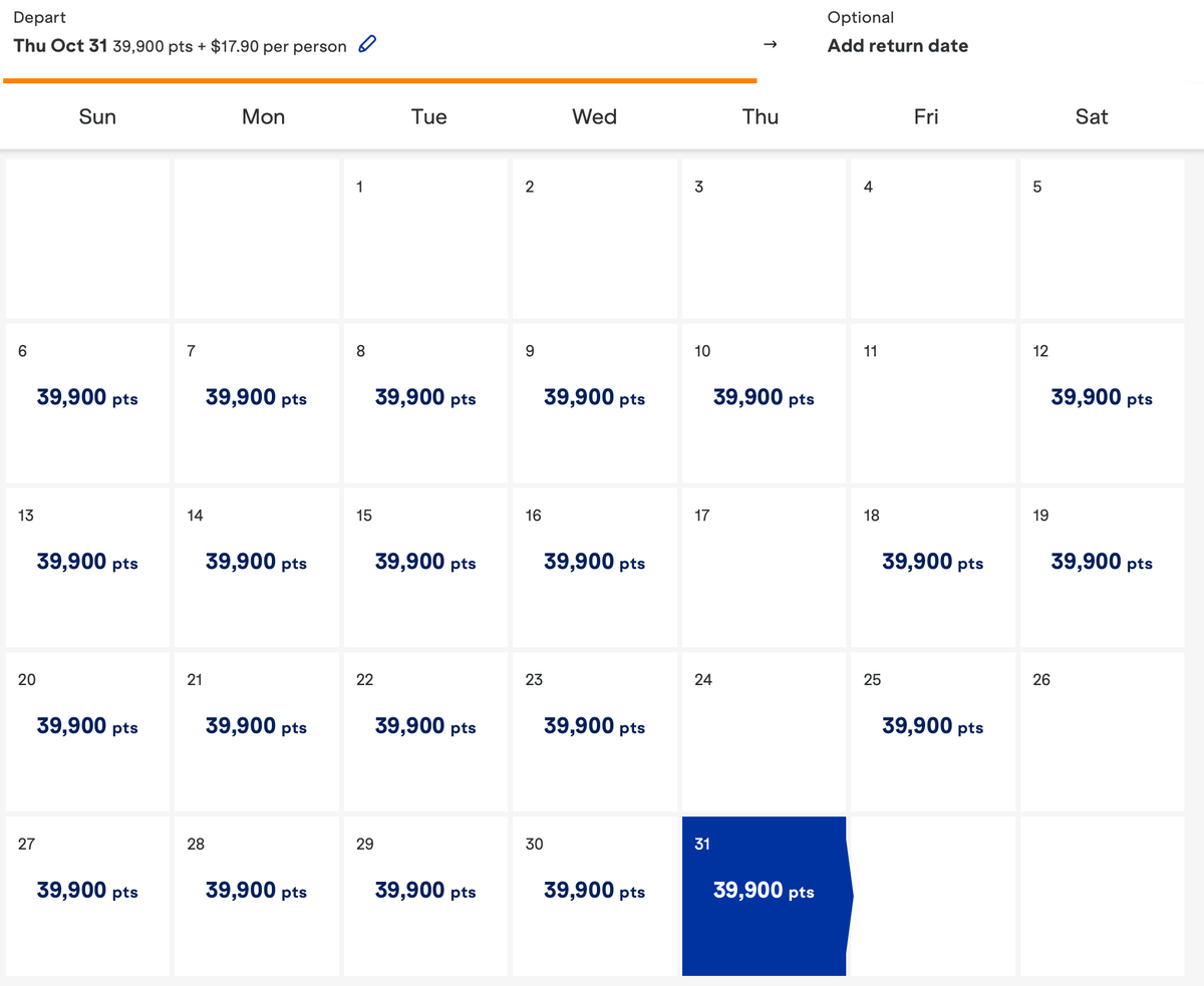 India JetBlue award booking points calendar