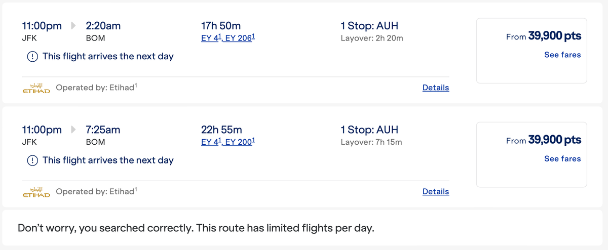 JFK BOM award flight using points